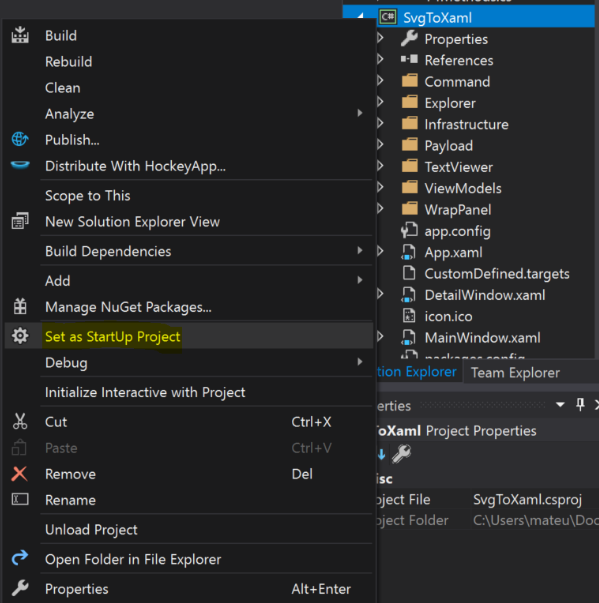 Setting SvgToXaml as a startup project