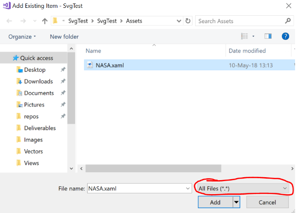Adding an existing asset to WPF project